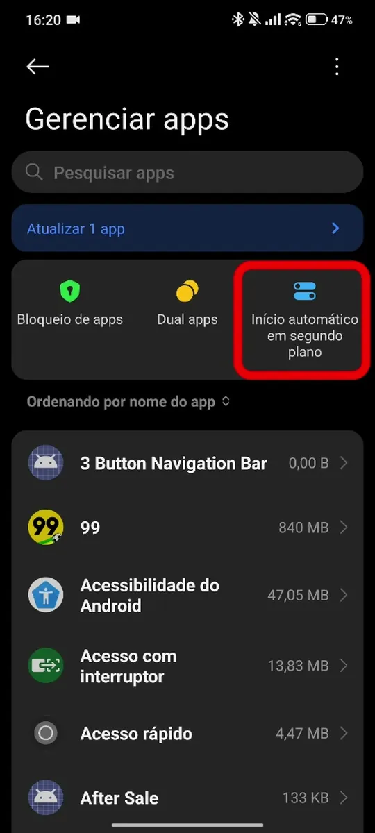 “Início automático em segundo plano”