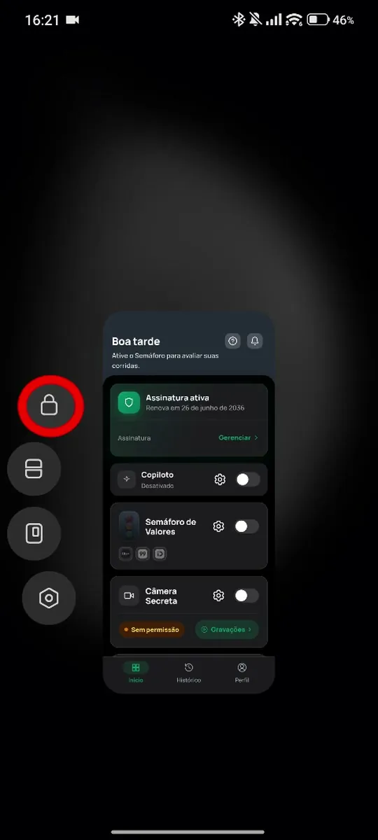 Recentes: segure o card e toque no cadeado