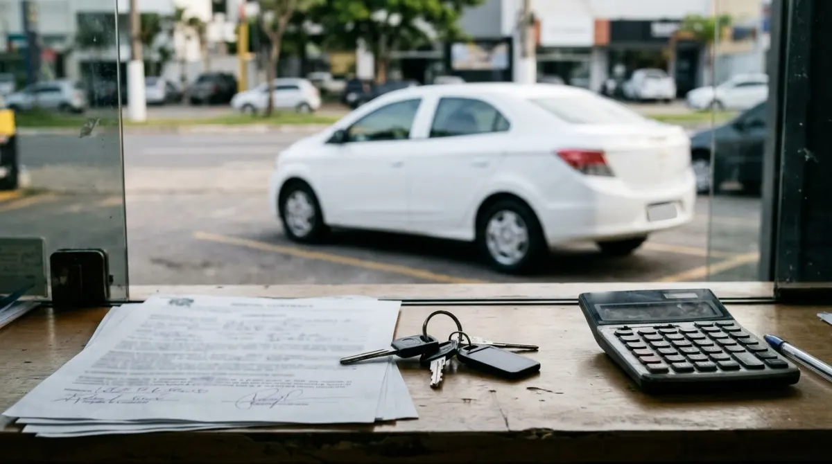 Chaves de carro, contrato e calculadora no balcão de uma locadora, com um sedã branco ao fundo