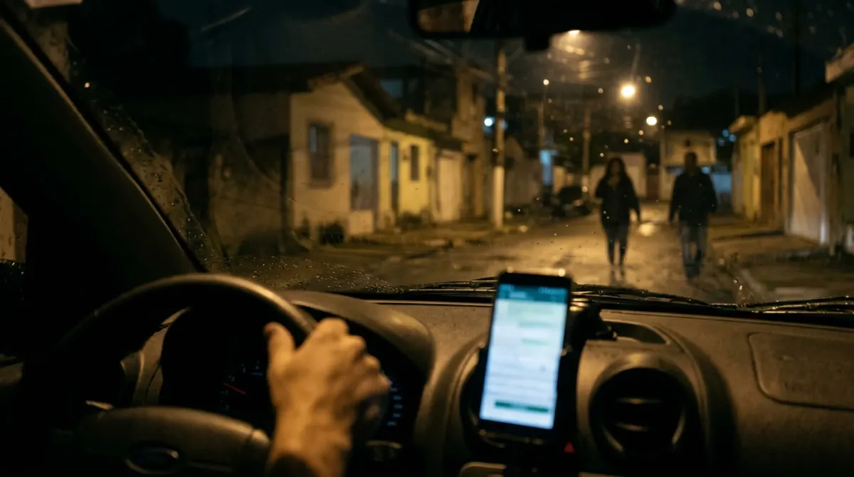 Rua de bairro mal iluminada à noite vista de dentro do carro, com o celular no suporte do painel