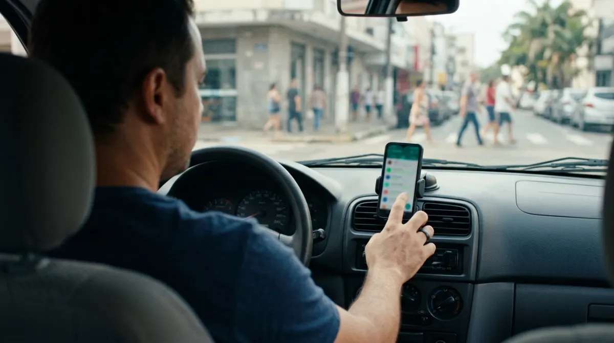 Mão do motorista tocando a tela do celular preso no suporte do painel, com a rua ao fundo