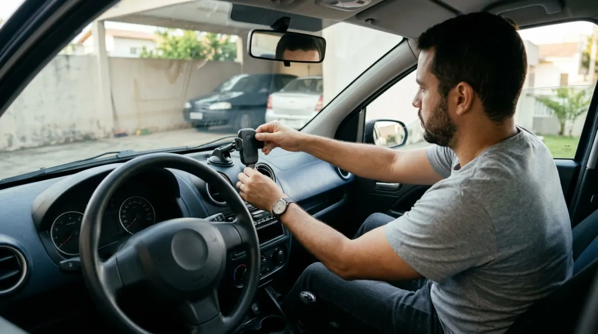 Homem prendendo o suporte do celular no painel do carro antes de começar a rodar