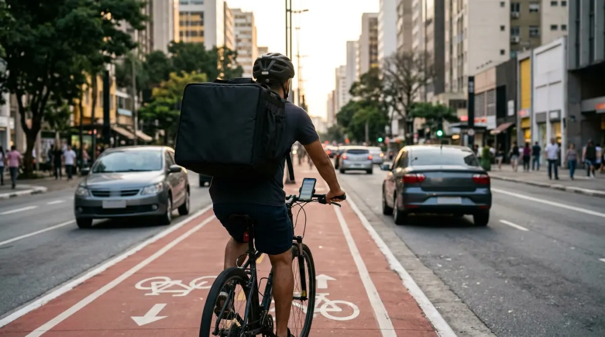 Entregador de bicicleta com mochila térmica pedalando numa ciclovia no fim da tarde