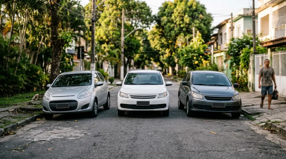 Um hatch prata, um sedã branco e um sedã cinza estacionados lado a lado numa rua arborizada