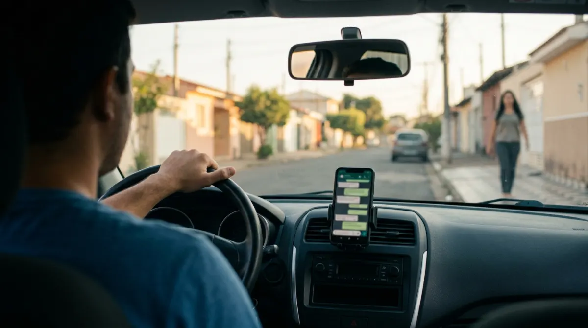 Por cima do ombro do motorista: a conversa no celular do painel e a passageira chegando pela calçada