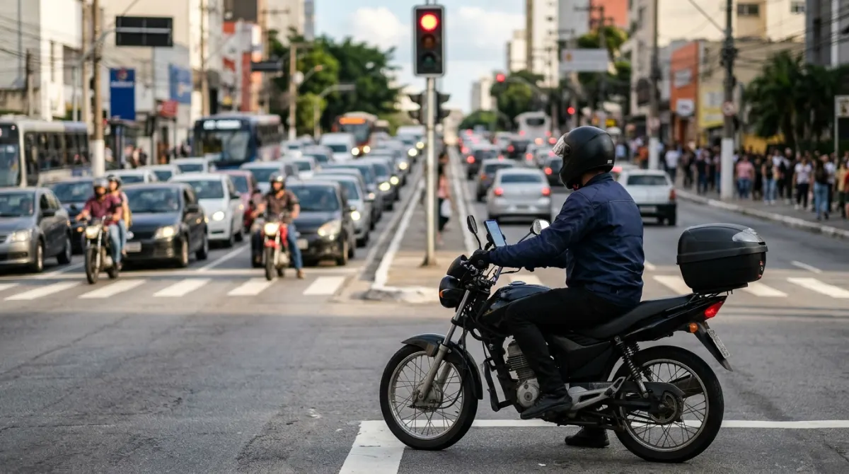 Motociclista de aplicativo parado no semáforo de uma avenida, com o celular no guidão