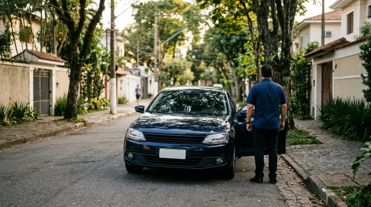 Motorista de camisa social ao lado de um sedã escuro limpo, estacionado numa rua arborizada