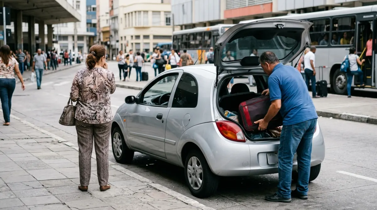Motorista colocando a mala da passageira no porta-malas do carro na calçada de uma rodoviária