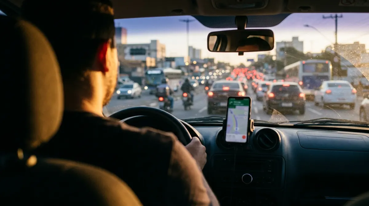 Por cima do ombro do motorista: o celular no suporte do painel e a avenida ao entardecer