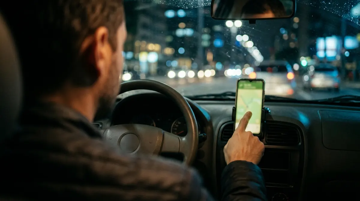 Por cima do ombro do motorista, à noite: o dedo prestes a tocar o celular no suporte do painel