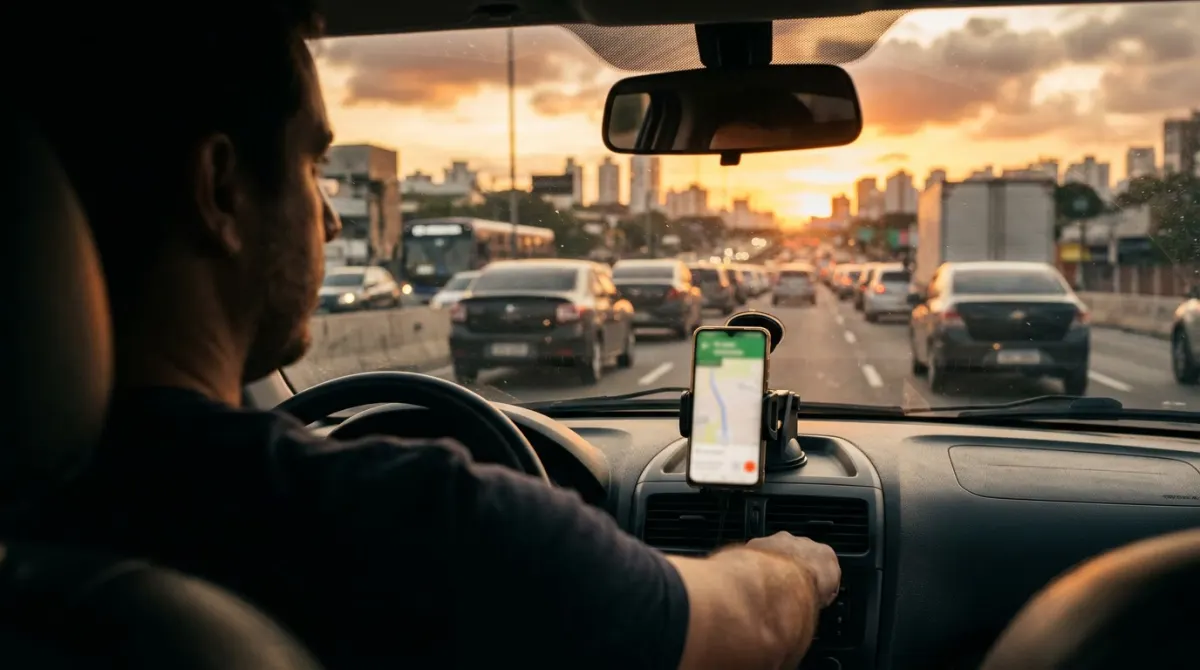 Por cima do ombro do motorista: o celular no suporte e a avenida na hora dourada