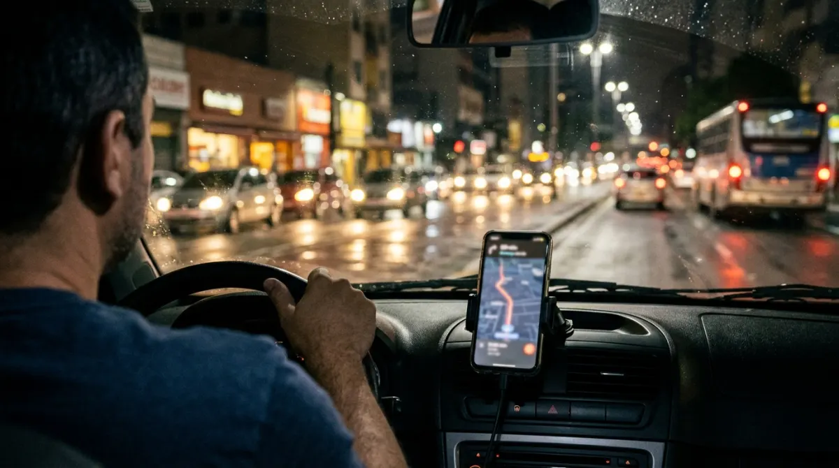 Celular no suporte do painel mostrando um mapa com a rota, à noite