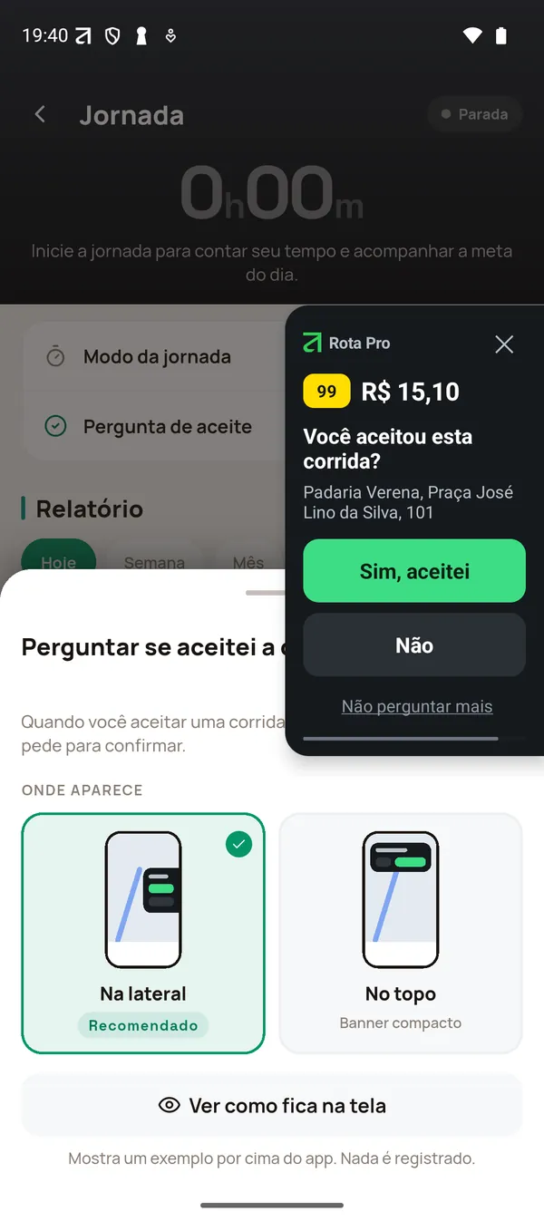 Cartão 'Você aceitou esta corrida?' com os botões Sim, aceitei e Não