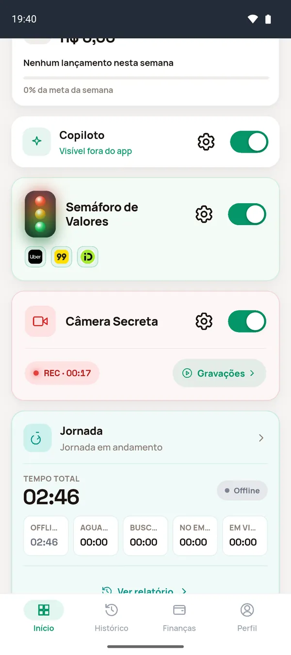 Tela inicial com Copiloto, Semáforo de Valores e Câmera ligados