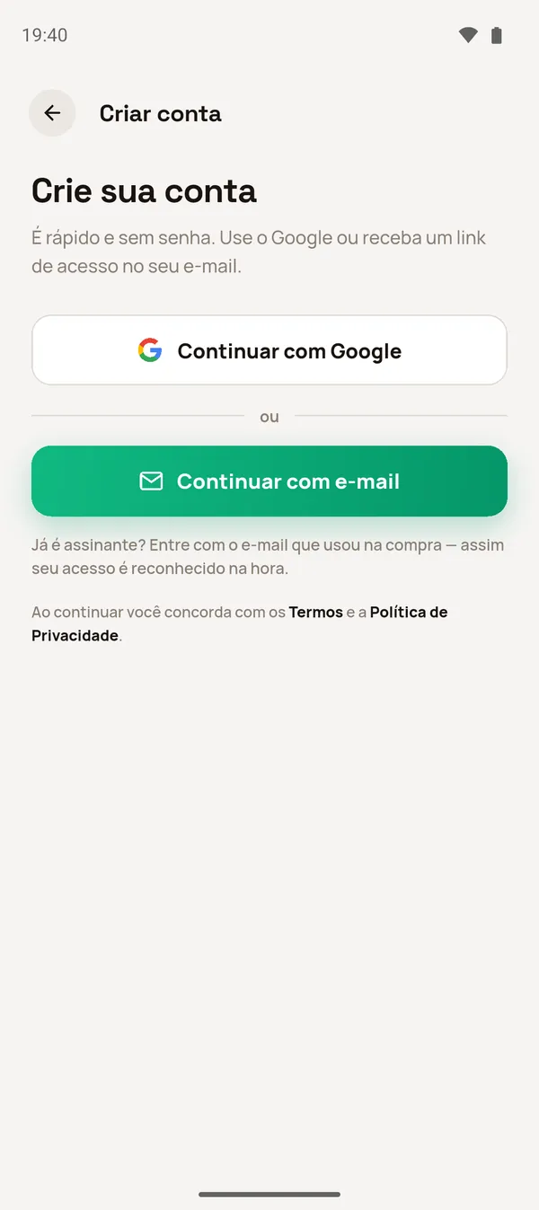 Criar conta com Google ou e-mail