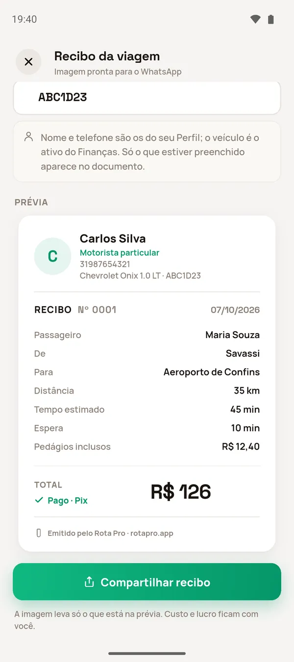 Recibo da viagem em imagem, com motorista, passageiro, trajeto e total de R$ 126 pago no Pix
