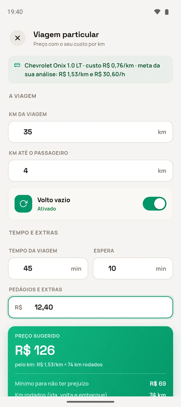 Viagem particular: 35 km, 45 minutos e pedágio de R$ 12,40 dão preço sugerido de R$ 126