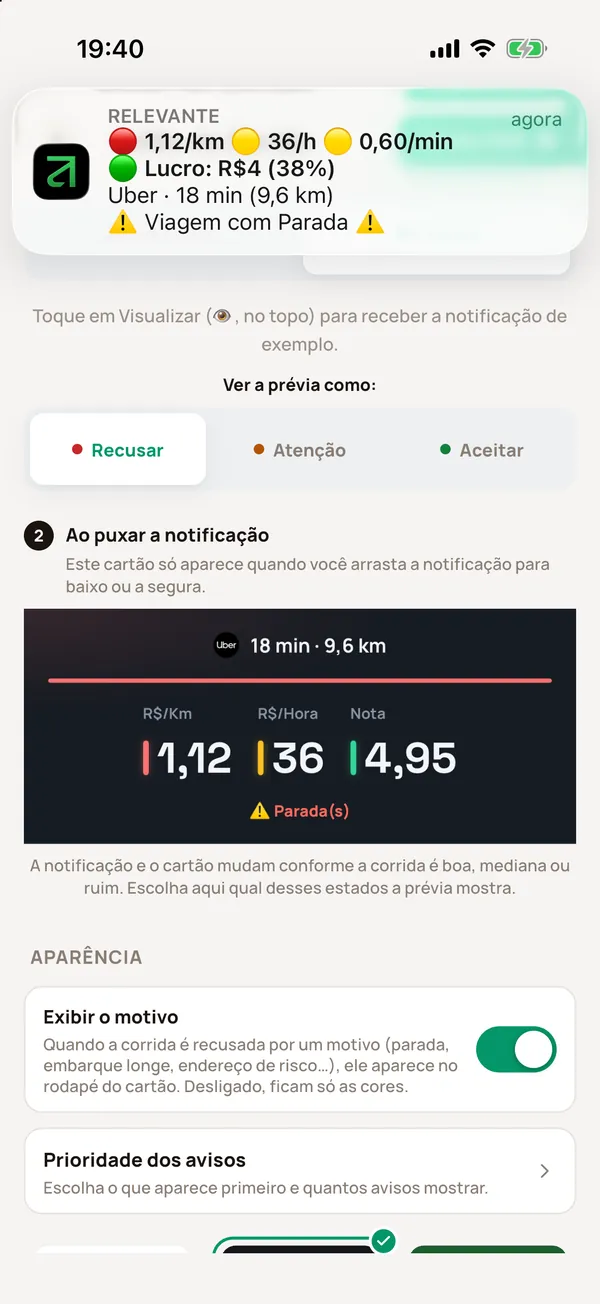 iPhone: notificação do Rota Pro com R$/km, R$/hora, R$/min e lucro da corrida, nas cores do semáforo