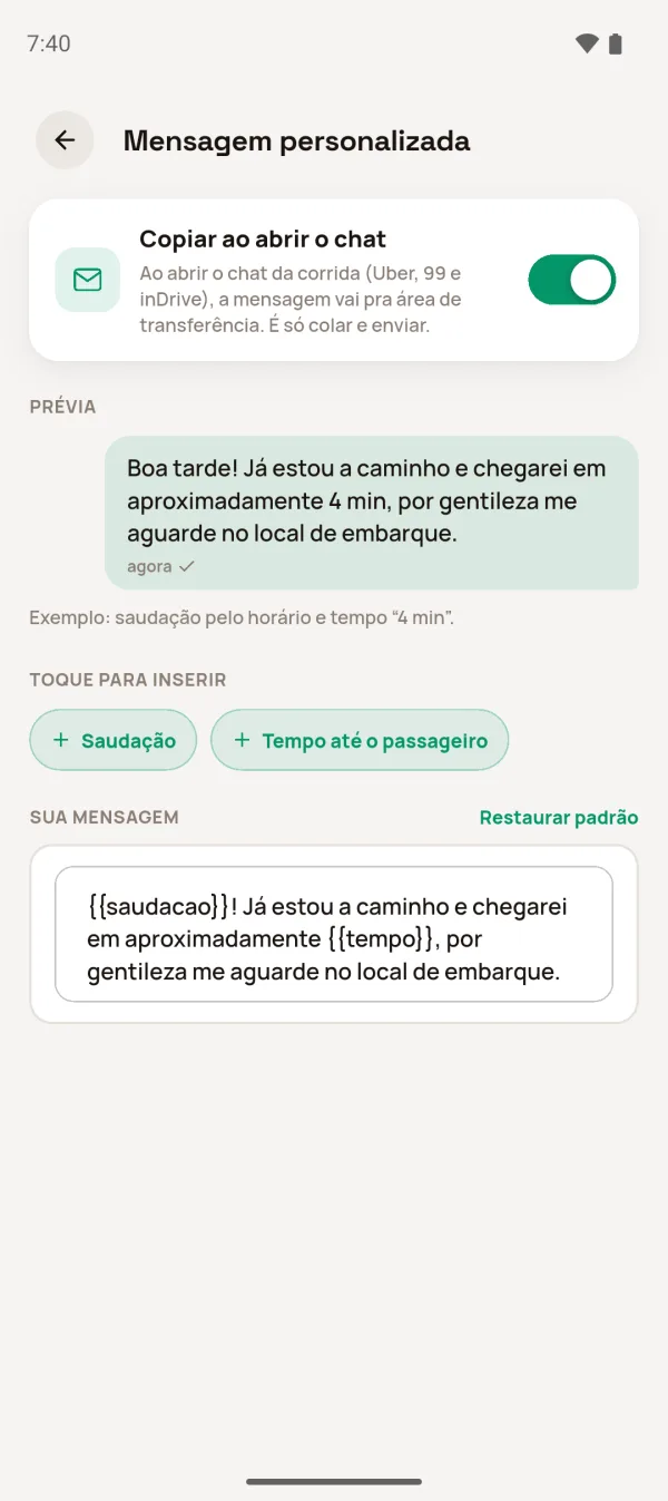 Mensagem personalizada ao passageiro com saudação e tempo de chegada